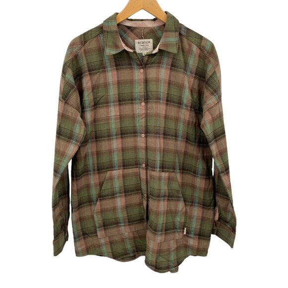 Burton Shirt Mens Small Button Snap Green Brown‎ Plaid Pockets - Picture 1 of 8